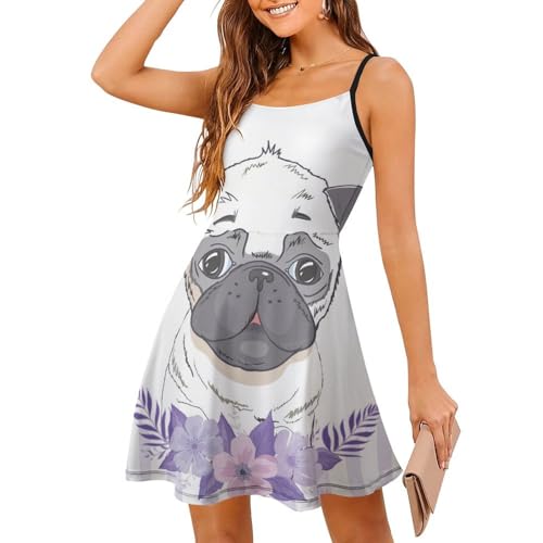 Robe d'été carlin dessin animé femme à bretelles spaghetti et jupe courte de plage sans manches