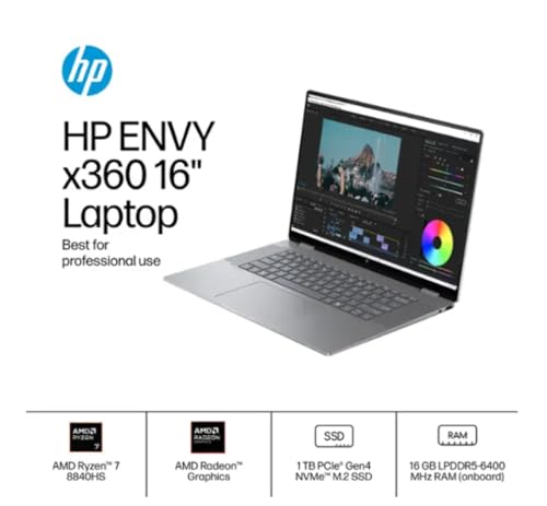 Image of HP Envy x360 Laptop, 16 inch 2-in-1 Touch-Screen Laptop, AMD Ryzen 7 8840HS (Up to 5.1 GHz), 16GB RAM, 1TB PCIe SSD, Copilot Key, 5MP IR Camera, Wi-Fi 6E, Windows Home, W /Mouse pad ()
