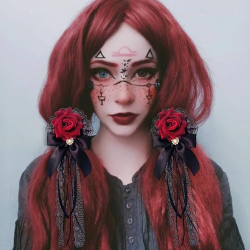 Pinza para cabello con lazo y perlas roja estilo gótico miniatura 3