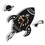 Rocket Ship Wall Clock -Select Size- Wood Big Spaceshift & Comet & Saturn Planet Science Fiction Space Opera Retro Spacecraft Wall Art Décor
