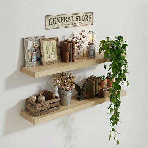 Image of IAE Floating Wall Shelves 24 inch,Bathroom Shelf Wall Mounted,Invisible Shelf Floating Kitchen Shelves,Wooden wall Shelving with Brackets for Living Room wall Mounted,Easy Install,Set of 2,Natural