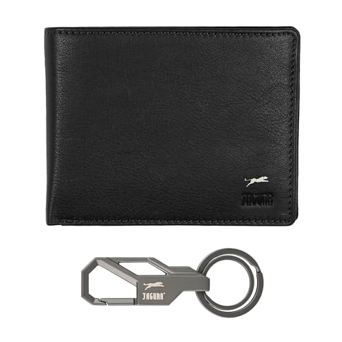 JAGUAR Set Regalo Portafoglio in Pelle Nero e Portachiavi in Metallo Gun Metal