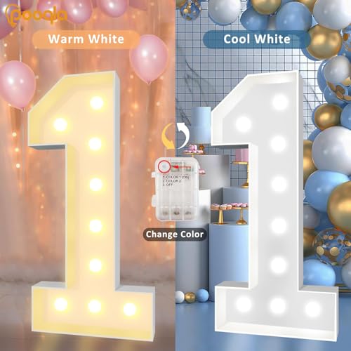 Image of Pooqla 4 FT Light Up Number 1 for 1st 16th 21st Birthday Decorations, Cool White and Warm White Giant Marquee Numbers First Birthday Decoration for Boy Girl Anniversary Wedding Party Decorations