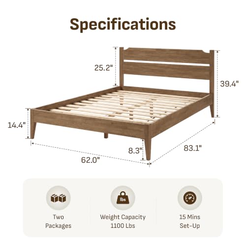 Image of Softa Venso Queen Solid Wood Bed Frame with Headboard, 1100 Lbs Heavy Duty Rubberwood Platform Bed, 15-Min Tool-Free Assembly, Quiet Stable Support, Japanese Japandi Design, No Box Spring Needed
