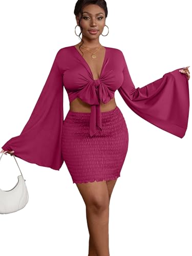 Image of LYANER Women 2 Piece Vacation Outfits Tie Knot Front Bell Long Sleeve Crop Top and Mini Skirt Summer Set
