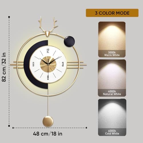 Image of Smartway Mitrin 6 Watt LED Wall Lamp with Clock | Modern Decorative Wall Light with Deer Art & Golden Pendant | 3 Light Modes (Warm, Natural & Cool White) | Bedroom, Living Room & Bedside