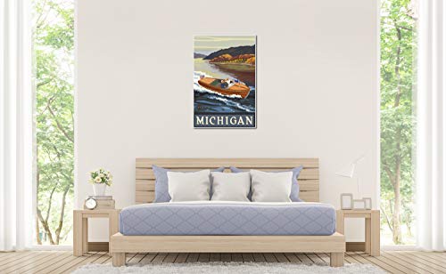 Michigan Woodie Boat Lake Giclee Art Print Poster From Travel Artwork By Artist Paul A. Lanquist 24" X 36" #TOP3