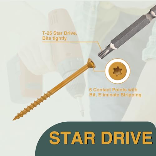 Image of T.K.Excellent Deck Screws 3 Inch Wood Screws #10 x 3, 315 Pcs, Rust Resistant Structural Screws Tan Exterior Fence Screws Torx Drive Screw, Two T25 Bits, Brilliant Yellow Ruspert Coating Rust Proof
