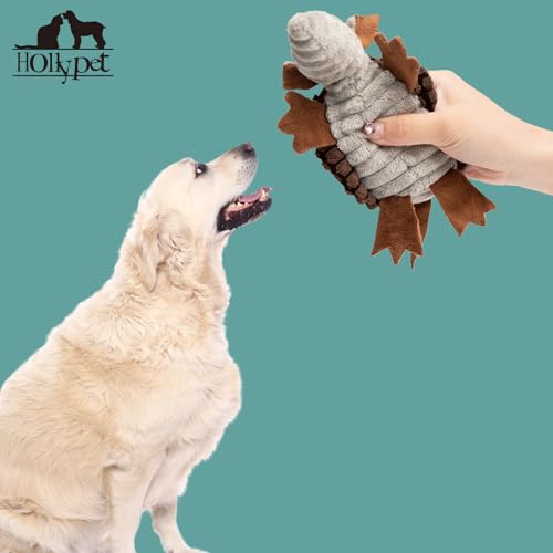 Image of Hollypet Plush Dog Squeaky Toy Stuffed Armadillo Animal Pet Puppy Chew Toys with Clean Teeth for Small Medium Large All Breed Sizes Dogs, Brown, 6 in