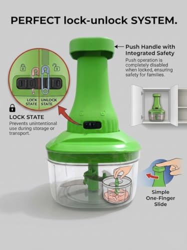 Image of Manual Push Vegetable Chopper with 6 Stainless Steel Blades (650ml, Multicolor) | Heavy Duty Hand Press Food Processor & Whisk for Onion, Salad, Chutney & Gravy