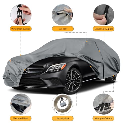 Image of Waterproof Premium Car Covers Replace for 2008-2025 Mercedes Benz C-Class C250 C300 C350, 10 Layers Heavy Duty All Weather Car Cover with Zipper Door, Windproof Bands for Snow Rain Dust Protection