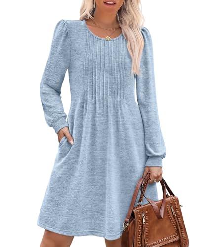 OFEEFAN Long Sleeve Dress for Women 2025 Fashion Winter Dresses Sweater Dresses Cowboy Chic Fall Outfits Baby Doll Dress Empire Waist Blue S
