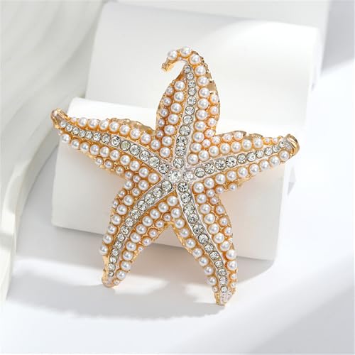 Image of Shell Pearl Rhinestone Starfish Brooch for Women Men Gold Plated Elegant Crystal Star Shaped Ocean Sea Animal Brooches Lapel Pins Delicate Wedding Beach Party Dress Accessories