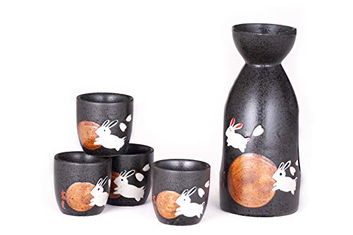 Hinomaru Collection Japanese Style Sake Set With 12 fl oz Porcelain Sake Tokkuri Bottle Decanter and Four Ochoko Cups Drinkware Gift Set (Moon Rabbit)