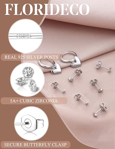 Florideco 4 Pairs 14K Gold Plated Hoop Earrings for Women, Hypoallergenic 925 Sterling Silver Earrings Set, Gold Hoop Charm Huggie Leaf Rhombus Heart Earrings for Women Trendy, Tiny Earring Stacks for Cartilage3