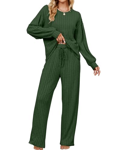 Image of Blooming Jelly Women Ribbed Long Sleeve Pajama Sets Fall Loungewear Pockets | 2 Piece Lounge Pj Matching Set Cute Casual Outfit Fleece Drawstring Crew Neck Wide Leg Flannel Soft Sleepwear