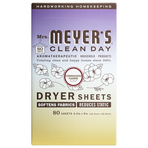 MRS. MEYERS CLEAN DAY Dryer Sheets Fabric Softener Reduces Static Infused with Essential Oils Compassion Flower 80 Count