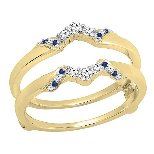 Dazzlingrock Collection Round Blue Sapphire & White Diamond Womens Wedding Band Guard Double Ring, 10K Solid Gold