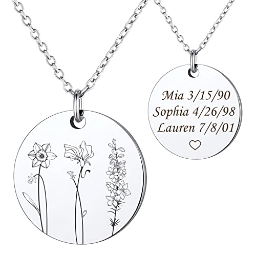 Anavia Multiple Birthday Month Flowers Necklace Connection of Family and Friends, Personalized Engraved Floral Coin Necklace, Customized Birthday Jewelry Gift for Mother New Mom