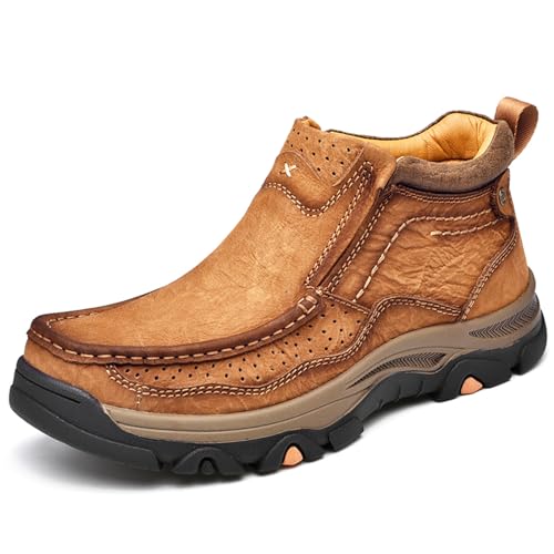 Men's Genuine Leather Slip On High Top Loafers Retro Casual Non Slip Comfy Ankle Boots for Outdoor Hiking Camping Driving Work Chukka Oxfords