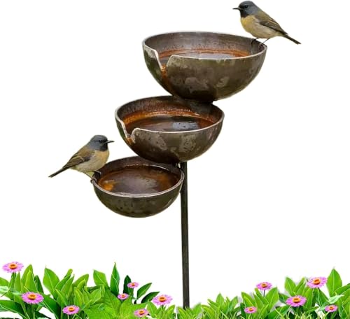 Bronze Rain Catcher Garden Stake68x12x5cm 3-Tier Cascading Bird Bath & Bee Watering Station Rust Metal Rain Catcher Garden Stake with Water Bowl for Bird Attraction & Climbing Plant Support