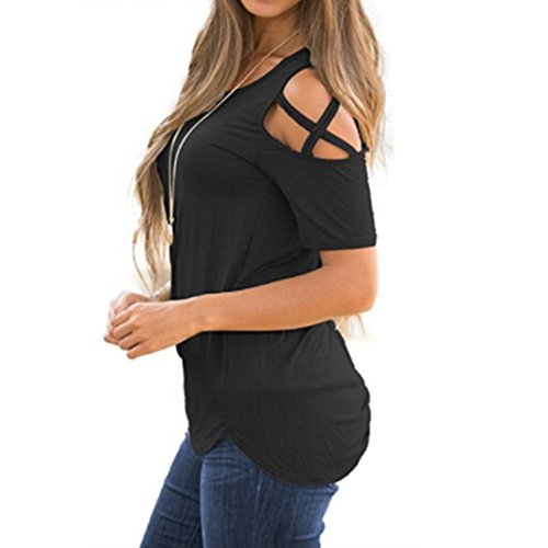 Forthery Women Cold Shoulder Tunic Tops Summer Short Sleeve Basic T Shirts Blouse (L, Black)