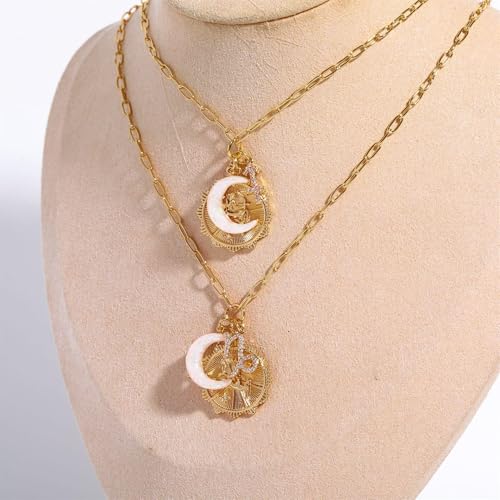 Dainty Gold Zodiac Embossed Coin Opal Crescent Moon Charm Necklace for Women Trendy 18K Gold Plated Retro Paperclip Chain 12 Constellation Horoscope Necklaces Astrology Jewelry Gifts4