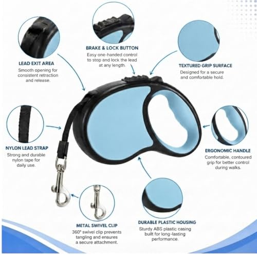 Image of Cawypety Retractable Dog Leash, 16ft /5M Heavy Duty Extendable Dog Walking Lead | One-Hand Brake & Lock, 360 Tangle-Free | Durable Pet Leash with Ergonomic Anti-Slip Handle for All Small,Large Breeds