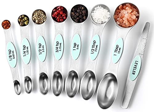 Spring Chef Magnetic Measuring Spoons Set, Dual Sided, Stainless Steel, Fits in Spice Jars, Mint, Set of 8