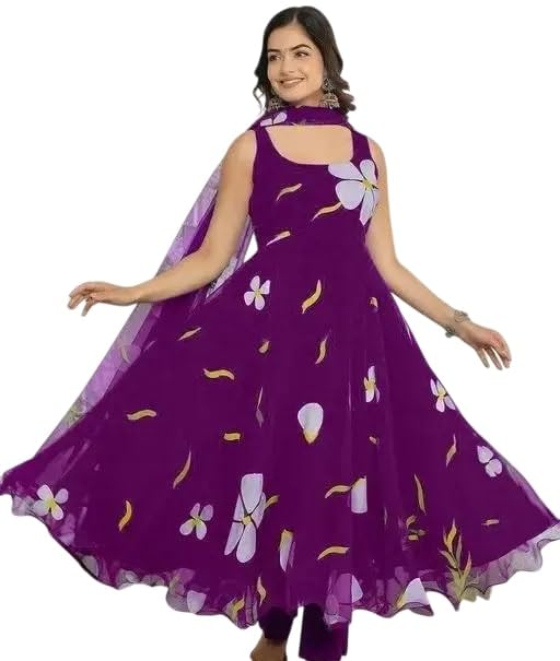 Image of DIGAMBARA Digital Floral Printed Georgette Anarkali Gown for Women, Ethnic Wear, Sleeveless, Fit and Flare Dresses with Dupatta for Womens and Girls, Purple