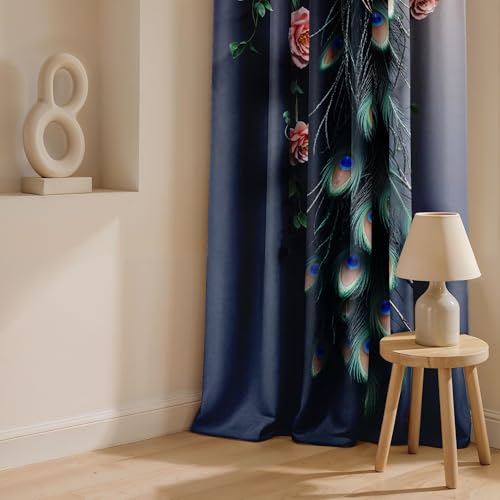 Image of Ultimate Trends Room Darkening Digital Printed Peacock Prints Curtain 65-70% Opacity,Diamond Eyelets, Tie Back, 9 FEET Pack of 1,Brown Gray