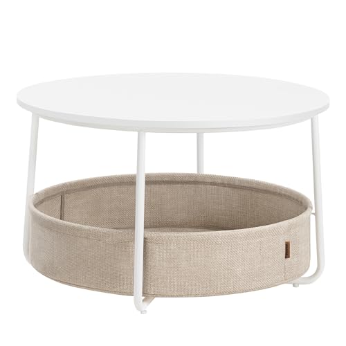 VASAGLE Table Basse Ronde avec Rangement, Table de Salon avec Panier en Tissu, Style Moderne, Cadre en Métal, Blanc Mat et Marron Camel LCT244W10