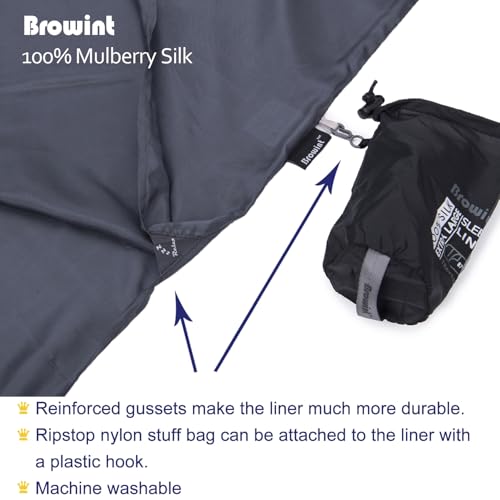 Image of Browint Silk Sleeping Bag Liner, Silk Sleep Sheet, Sack, Extra Wide 87 inchx43 inch, Lightweight Travel and Camping Sheet for Hotel, More Colors for Option, Reinforced Gussets, Pillow Pocket