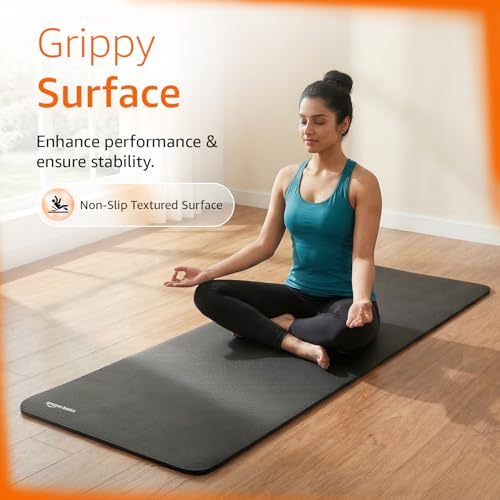Image of Amazon Basics NBR Yoga & Exercise Mat with Carrying Strap | 15 mm Extra Thick Cushioned Support | Non-Slip Textured Surface | Durable Foam Rubber Material | Floor Protection | Ideal for Yoga, Pilates & Home Workouts | 183 x 61 cm | Black