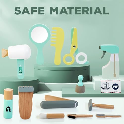 Image of Wudly Hair Dresser Playset for Kids, Wooden Makeup Toy & Hair Styling Toys for Girls, Kids Shaving Kit for Boys - Fun Barber Playset for Imaginative Role Play, Haircuts & Makeup Set