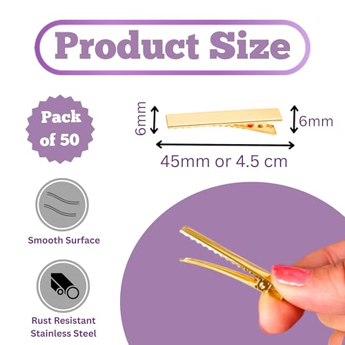 Image of ROSAURA (4.5 CM 50 Pcs) Alloy Steel Single Prong Alligator Hair Clips Base for DIY Hair Accessories, Barrette Hair Clips for Bow Making, Salon, and Hair Styling (Gold Flat)