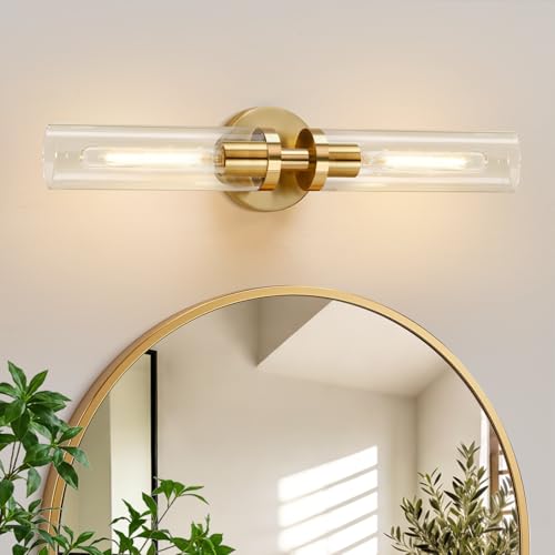 Image of Indoi Brushed Gold Wall Sconces, Hardwired Bathroom Sconces Wall Lighting with Clear Glass, Modern Sconces Wall Light fixtures for Bathroom Mirror Living Room Hallway Bedroom