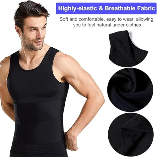 Image of Men's Compression Shirt 2-Pack Slimming Body Shaper Black Undershirt Vest Sleeveless Tummy Control Tank Top for Weight Loss Gym Workout Fitness and Everyday Wear