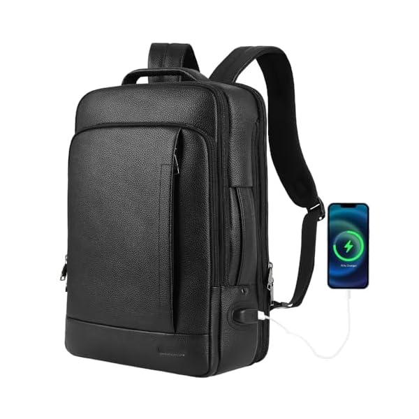 Full Grain Genuine Leather Backpack for Men Multi-Functional 15.6" Laptop Backpack with USB Charging, Black Convertible Business Travel Backpack Work Rucksack Daypack