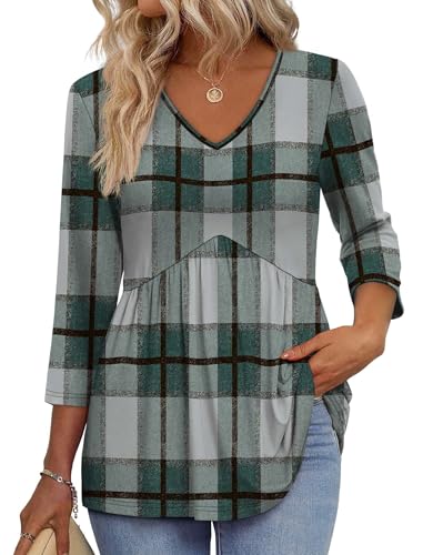 Image of OFEEFAN 3 /4 Length Sleeve Womens Tops 2026 Blouses for Women Dressy Casual Fashion Clothing V Neck Babydoll Tops Fall Outfits