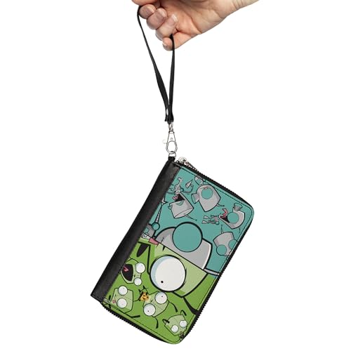 Nickelodeon Wallet, Zip Around, Invader Zim Gir Split Close Up and Poses Blue Green, Vegan Leather2