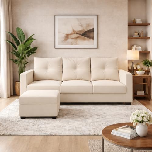 Image of FURNY Amonster 4 Seater L Shape Sofa Set with Movable Ottoman | Flexible Left or Right Layout | Plush Velvet Fabric (Cream) | Perfect for Living Room, Guest Room & Office