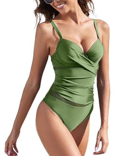 Yutdeng Traje de Baño Mujer Una Pieza Push Up Bañador Reductor Barriga Bañadores con Aros Vientre Plano Cintura con Malla Bañador Deportivo Mujer Bañadores Natacion Talla Grande,Verde,XL