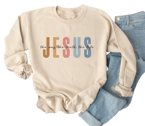 Yimoya Jesus Sweatsahirts God is Good Shirts Womens Faith Can Move Mountain Sweatshirt Christian Blouse Tops (M, Beige)