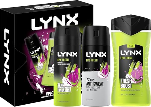 LYNX Men's Epic Fresh Grooming Gift Set with Antiperspirant, Body Wash & Body Spray – 48-Hour Freshness Boost, Long-Lasting Protection & Scent