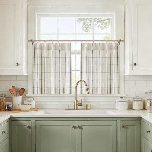 Vision Home Sage Green Plaid Linen Pinch Pleated Tier Curtains 36 inch Checkered Semi Sheer Kitchen Curtains with Back Tab Hooks Light Filtering Small Window Panels for Bathroom Laundry 25Wx36Lx2