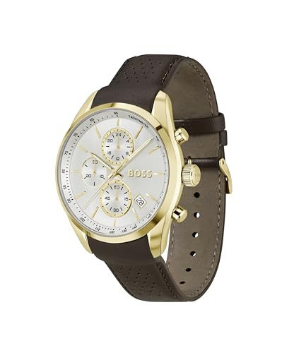 Image of BOSS Grand Prix 44 Qtz Fashion Chrono Silver White Round Dial Men's Watch|Brown Leather Material|Brown Color Band - 1514225