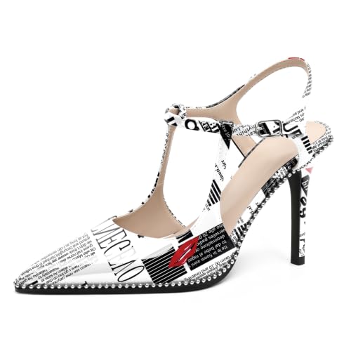 Image of SAMMITOP Womens High Heels Ankle Strap Pointed Toe Stilettos Patent Leather Beaded Pumps Dress Shoes 3.5 Inch