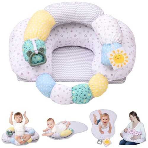 MIIMER 4-in-1 Tummy Time Baby Mat & Seated Support Cushion Detachable Nursing Pillow with High Firm Large Area Removable and Machine Washable Slipcovers Baby Play Mat and Toys 0-24 Months