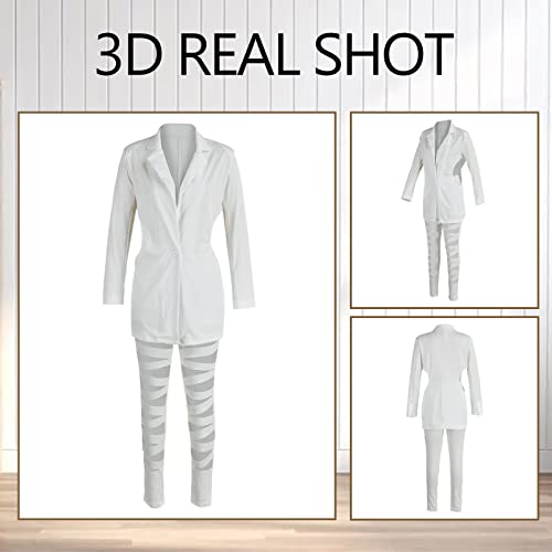 Women 2 Piece Outfits Sexy Long Sleeve A Buckle Blazer Jackets With Ripped Holes Leggings Two Piece Set White #TOP4
